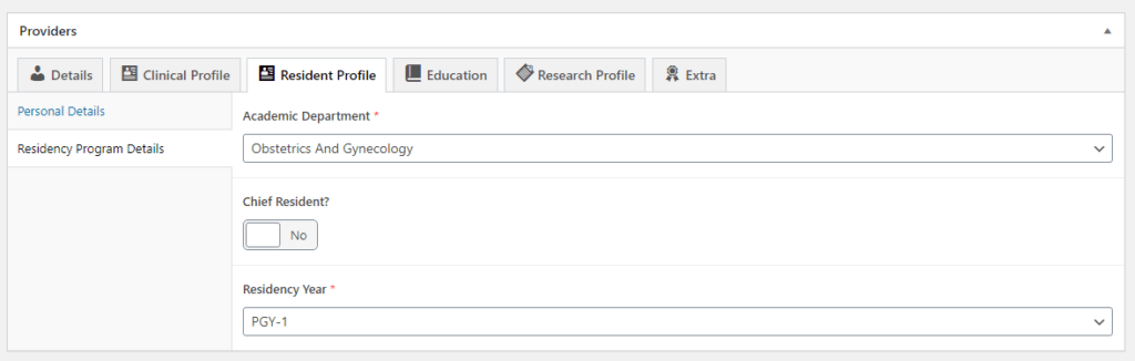 Residency Program Details section of the Resident Profile tab