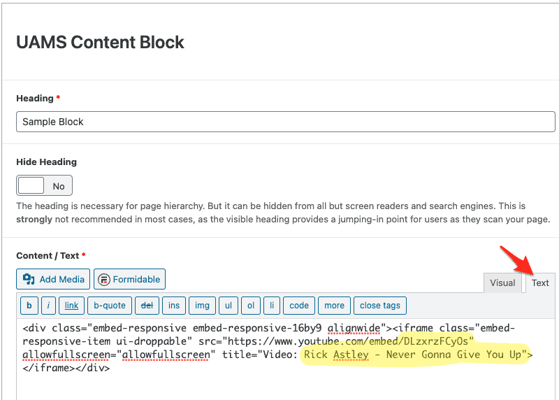 Screenshot of how to add the code to the UAMS Content block's Content field.