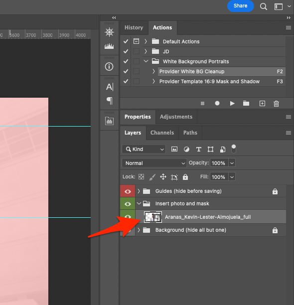 Click and drag the portrait image layer into the Insert photo and mask folder in Photoshop