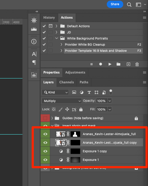 New and adjusted layers after playing the Provider Template 16:9 Mask and Shadow action in Photoshop