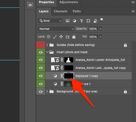 Select the mask layer on the Exposure 1 copy layer in the Layers panel in Photoshop