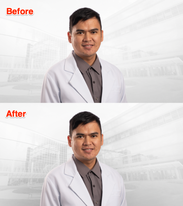 Before and after adding additional visual separation between the individual's body and the background in Photoshop