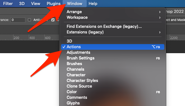 Enable the Actions panel in Photoshop