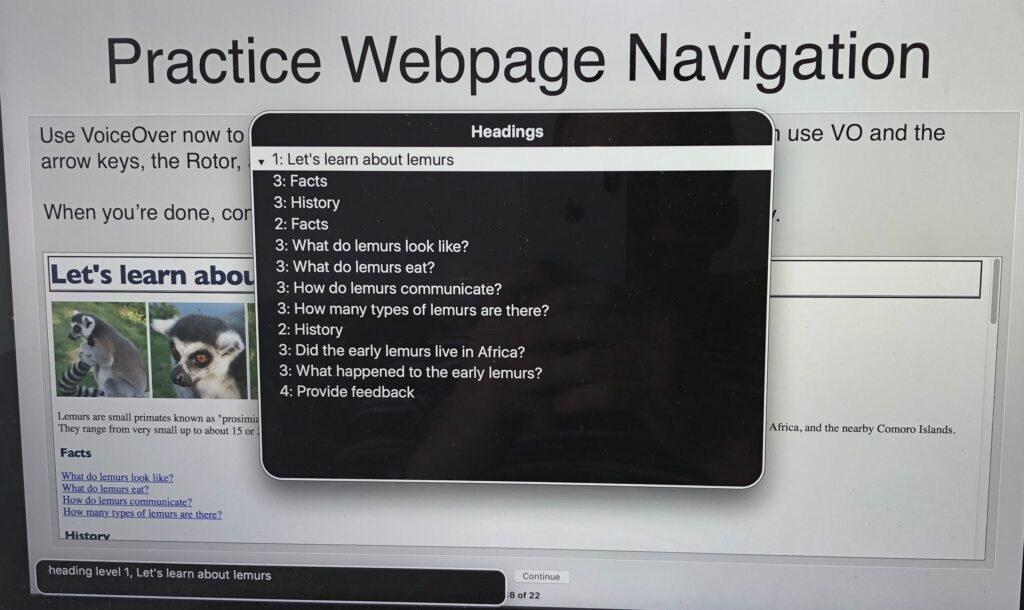 Example of a screen reader user navigating a webpage — headings allow quick skimming, similar to scanning a document visually.
