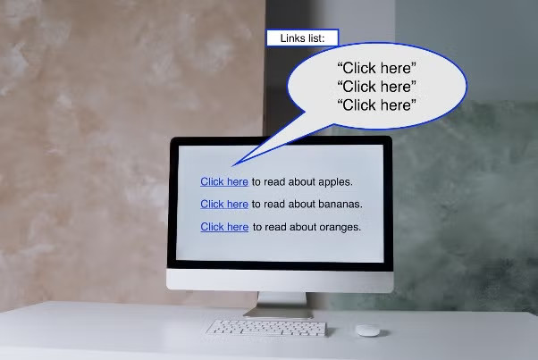 Computer screen with multiple "click here" links. The over-reliance on "click here" leaves users guessing the destination.