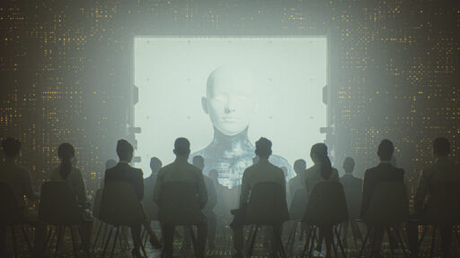 Futuristic cyborg religion and control. Image on the projection screen is my own render, already approved and in my portfolio. This is entirely 3D generated image.
