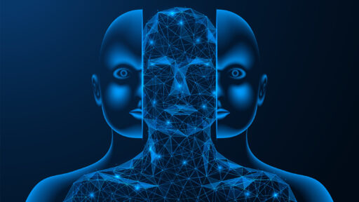 Internal electronic neural network. Artificial intelligence of a humanoid. Polygonal design of interconnected lines and points. Blue background.
