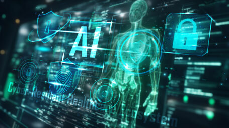 This is a 3D render depicting a futuristic digital interface focused on artificial intelligence (AI) and cybersecurity within a healthcare context. A translucent human silhouette is at the center, surrounded by glowing blue circular graphics, shield icons, and locked padlock symbols, all representing security and protection. The text 'AI', 'Cyber-Resilient Health' and 'Ecosystem' are prominently displayed, highlighting advanced technology and data protection in modern medicine.