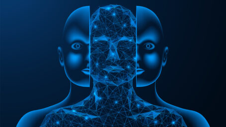 Internal electronic neural network. Artificial intelligence of a humanoid. Polygonal design of interconnected lines and points. Blue background.